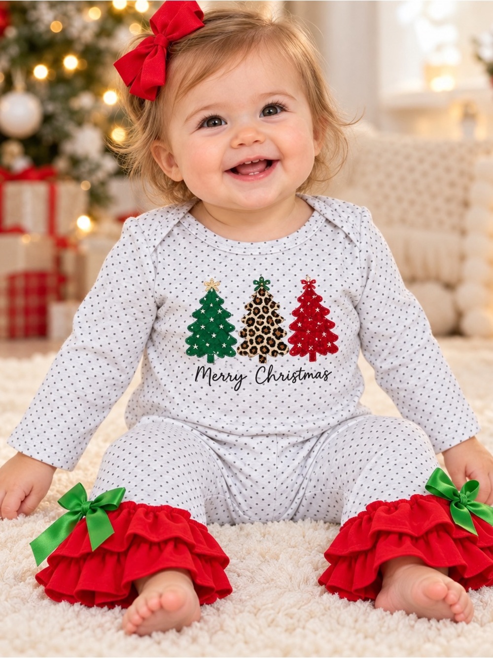Boutique Merry Christmas Polkadot Ruffles & Bows Romper Sz 9-12 Month #1796
